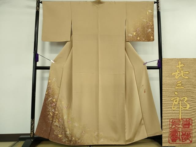 平和屋本店●極上 人間国宝 福田喜三郎 訪問着 刺繍 葡萄唐草文 暈し染め 飴色地 金糸 逸品 DZAB6753kh6