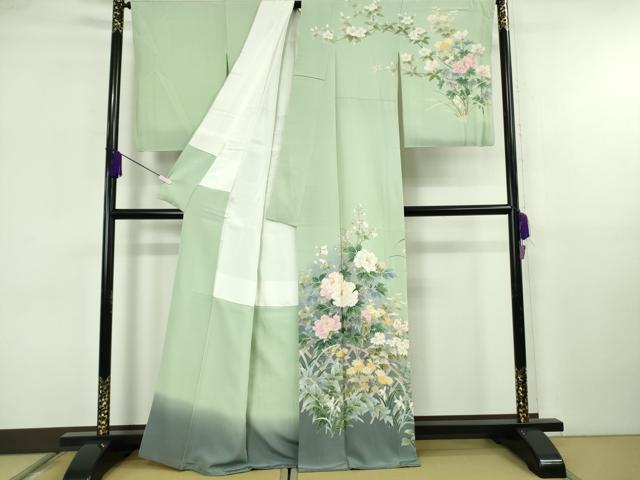 平和屋本店●極上 十日町友禅作家 岡村蒼風 訪問着 枝花文 裏葉柳色地 暈し染め 逸品 DZAB6756kh6