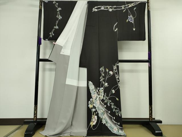 平和屋本店●極上 本加賀友禅作家 松島由美 訪問着 葡萄蔦の葉 草花文 紫黒色地 ロング丈 逸品 DZAB6758kh6