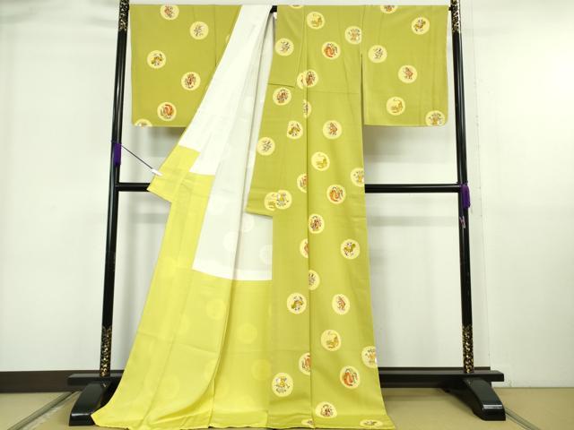 平和屋本店●極上 銀座 志ま亀 小紋 旅一座 人物 虎 鳥 抹茶色地 伊と幸 縮緬地 たとう紙・反端付き ロング丈 逸品 未使用 DZAB6765kh6