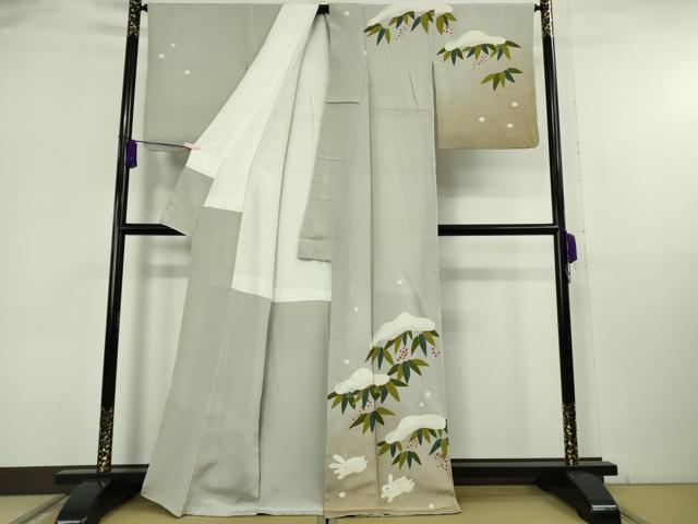 平和屋本店●極上 人形作家・ホリヒロシ 訪問着 兎 うさぎ 雪持ち笹 南天 練色地 鬼しぼ縮緬 暈し染め 金糸 逸品 DZAB6771kh6