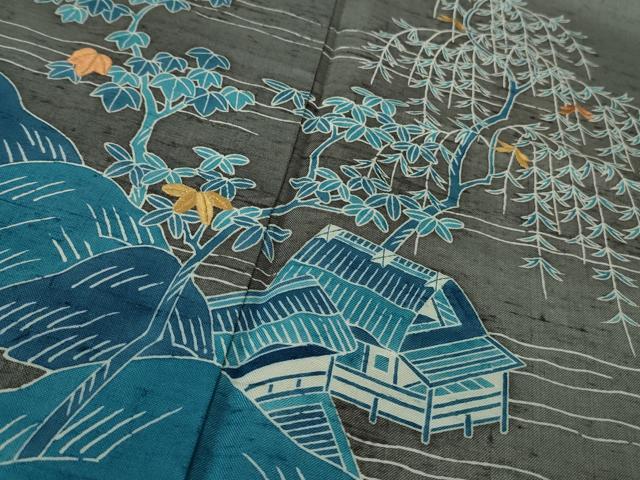 平和屋本店●極上 人間国宝 五代 田畑喜八 訪問着 紬地 本藍 枝垂れ柳風景 灰色地 金糸 逸品 DZAB6778kh6