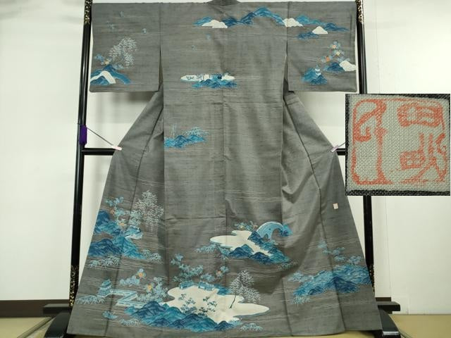 平和屋本店●極上 人間国宝 五代 田畑喜八 訪問着 紬地 本藍 枝垂れ柳風景 灰色地 金糸 逸品 DZAB6778kh6