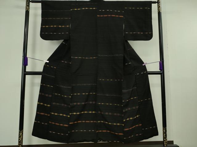 平和屋本店●超希少 国画会会員 原田麻那 めがね織 浮き織 訪問着 紬地 横段文 黒地 逸品 DZAB6783kh6