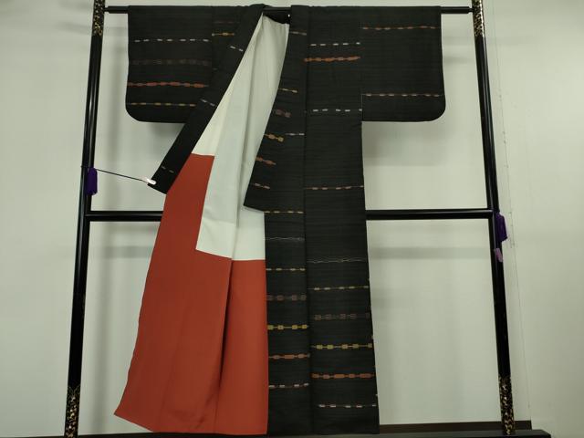 平和屋本店●超希少 国画会会員 原田麻那 めがね織 浮き織 訪問着 紬地 横段文 黒地 逸品 DZAB6783kh6