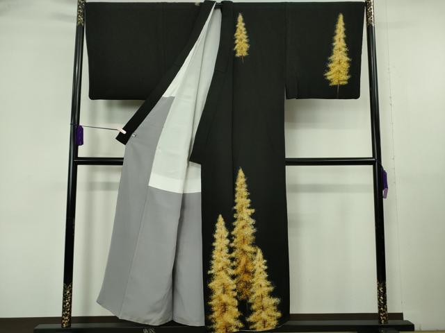 平和屋本店●極上 男性 訪問着 キングサイズ 作家物 樹林 紅葉 黒地 金彩 鬼しぼ縮緬 逸品 DZAB6823kh6