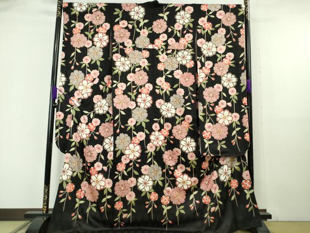 平和屋本店●極上 振袖 枝垂れ花 黒地 金彩 逸品 DZAB6834kh6