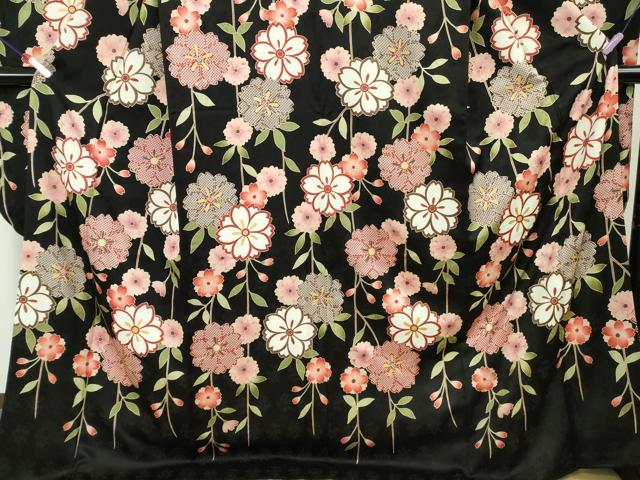 平和屋本店●極上 振袖 枝垂れ花 黒地 金彩 逸品 DZAB6834kh6