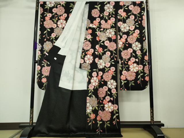 平和屋本店●極上 振袖 枝垂れ花 黒地 金彩 逸品 DZAB6834kh6