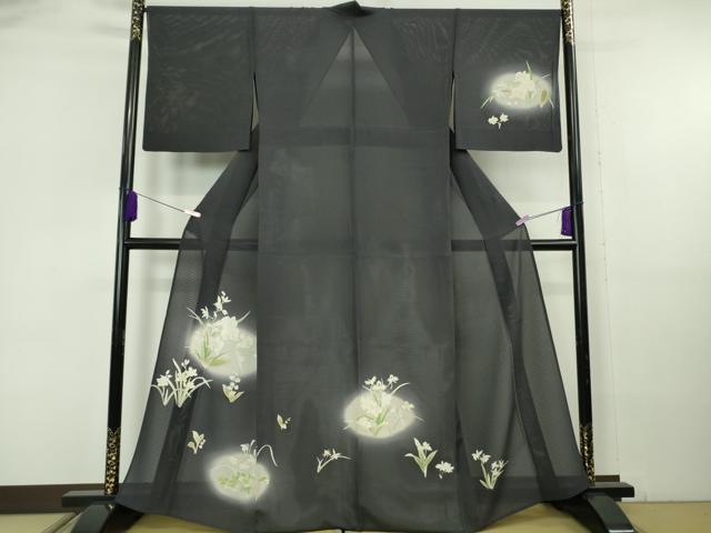 平和屋本店*極上 夏物 訪問着 変わり絽 草花文 藍鉄色地 暈し染め 金彩 逸品 DZAB6844kh6