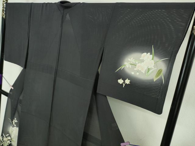 平和屋本店*極上 夏物 訪問着 変わり絽 草花文 藍鉄色地 暈し染め 金彩 逸品 DZAB6844kh6