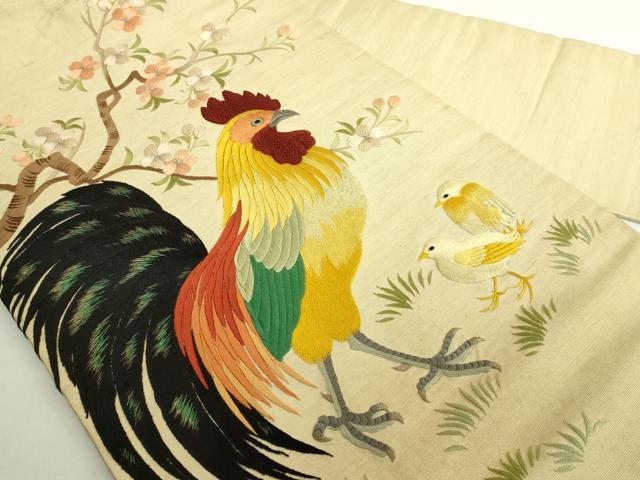 平和屋本店●極上 アンティーク 大正ロマン 九寸名古屋帯 総手刺繍 鶏 ヒヨコ 桜 逸品 DZAB6873kh6