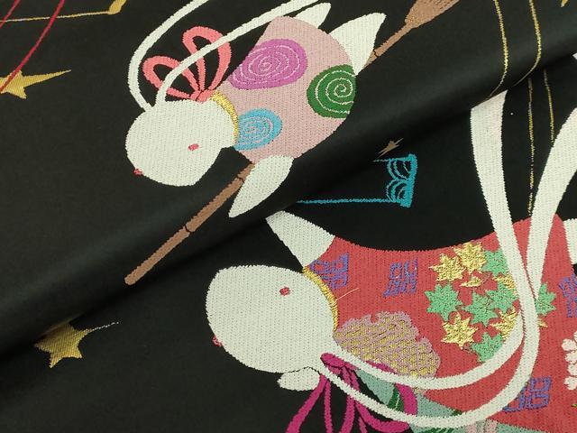 平和屋本店●極上 世界的人形師 辻村寿三郎 ジュサブロー 六通柄袋帯 花兎 星空 黒地 金糸 逸品 DZAB6895kh6
