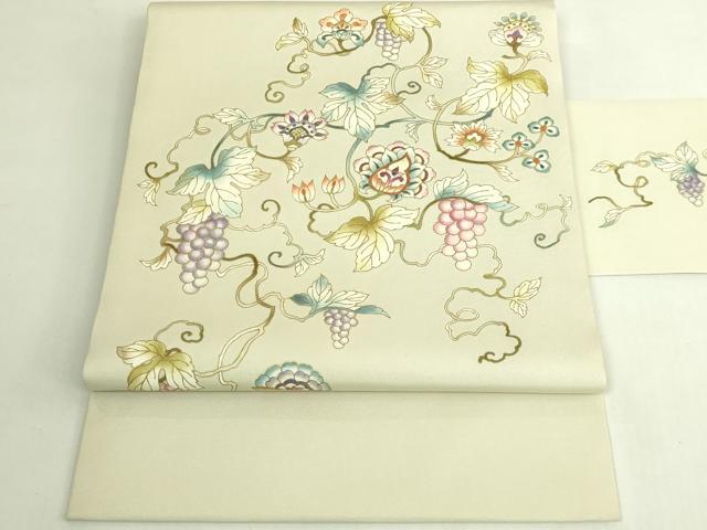 平和屋本店●極上 岡重謹製 OKAJIMA 塩瀬 九寸名古屋帯 葡萄蔦の葉文 金彩 砂色地 逸品 DZAB6897kh6