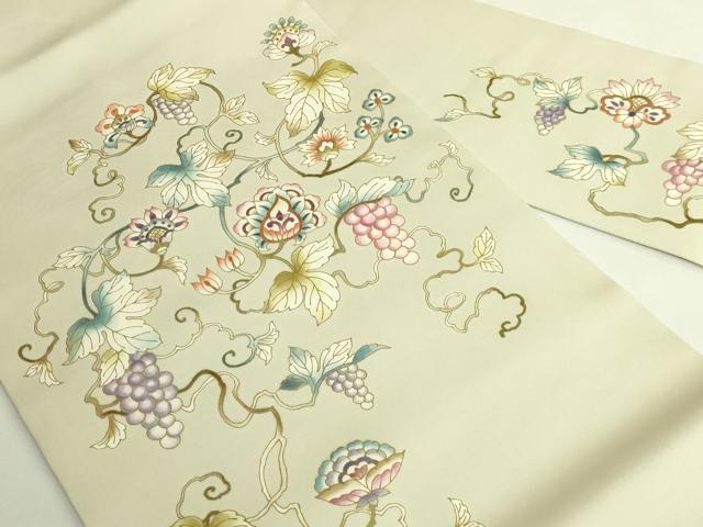 平和屋本店●極上 岡重謹製 OKAJIMA 塩瀬 九寸名古屋帯 葡萄蔦の葉文 金彩 砂色地 逸品 DZAB6897kh6