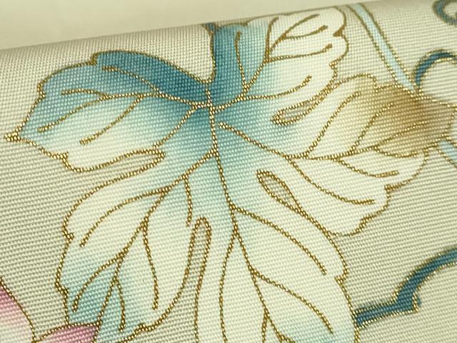 平和屋本店●極上 岡重謹製 OKAJIMA 塩瀬 九寸名古屋帯 葡萄蔦の葉文 金彩 砂色地 逸品 DZAB6897kh6