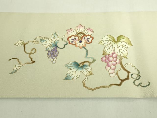 平和屋本店●極上 岡重謹製 OKAJIMA 塩瀬 九寸名古屋帯 葡萄蔦の葉文 金彩 砂色地 逸品 DZAB6897kh6