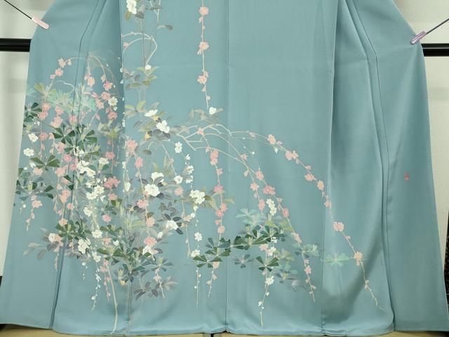 平和屋本店●極上 十日町友禅作家 一梗 訪問着 松 椿 浅縹色地 逸品 DZAB6958kh6