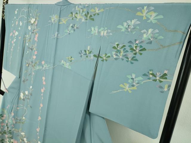 平和屋本店●極上 十日町友禅作家 一梗 訪問着 松 椿 浅縹色地 逸品 DZAB6958kh6