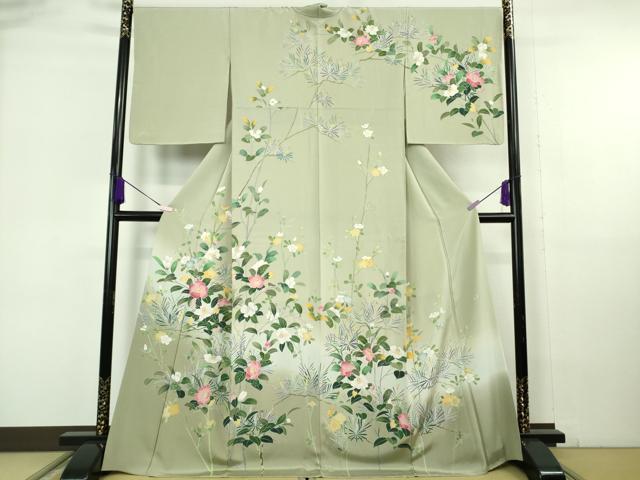 平和屋本店●極上 訪問着 友禅 作家物 枝椿 松花文 柳茶色地 暈し染め 逸品 DZAB6959kh6