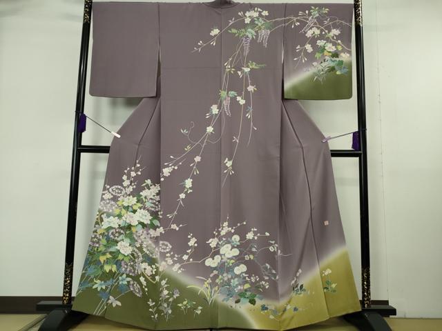 平和屋本店●極上 訪問着 友禅 作家物 四季花文 葡萄鼠色地 暈し染め 逸品 DZAB6960kh6