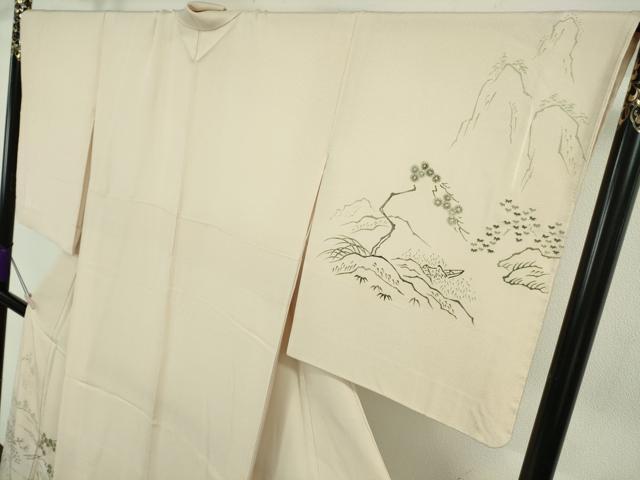 平和屋本店●極上 友禅工房 下島緑傘 友禅作家 下島宏 訪問着 刺繍 水辺風景 薄卵色地 縮緬地 金糸 逸品 DZAB6963kh6