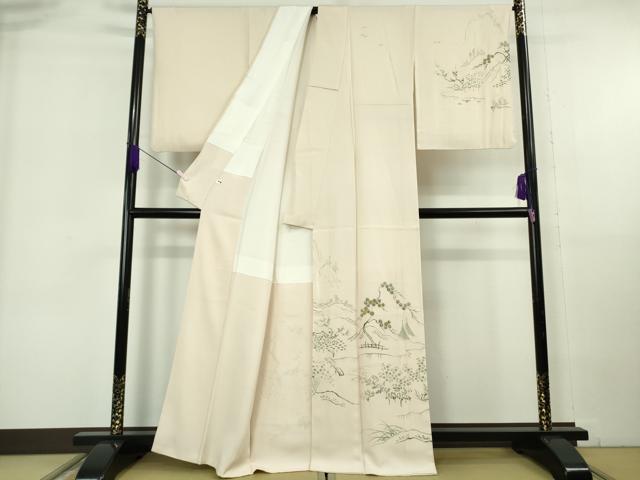 平和屋本店●極上 友禅工房 下島緑傘 友禅作家 下島宏 訪問着 刺繍 水辺風景 薄卵色地 縮緬地 金糸 逸品 DZAB6963kh6