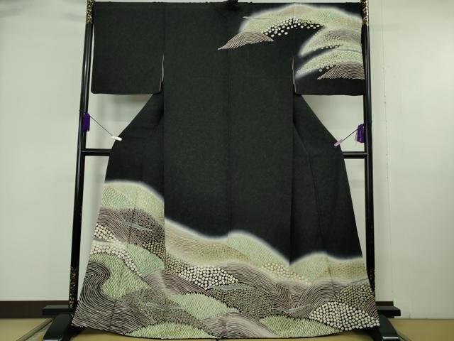 平和屋着物●極上 中国三大刺繍 相良刺繍 訪問着 重ね山花文 暈し染め 黒地 銀通し地 逸品 DZAB6966kh6