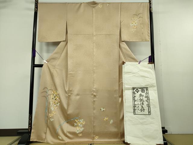 平和屋本店●極上 訪問着 刺繍 草花 木賊 濃い棒色地 金彩 小大丸扱い たとう紙付き 逸品 未使用 DZAB6969kh6