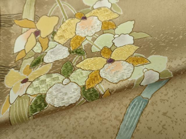 平和屋本店●極上 訪問着 刺繍 草花 木賊 濃い棒色地 金彩 小大丸扱い たとう紙付き 逸品 未使用 DZAB6969kh6