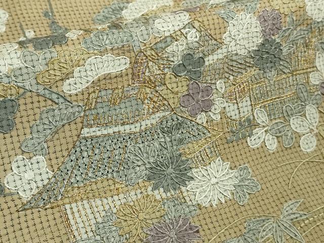 平和屋本店●極上 中国三大刺繍 スワトウ刺繍 汕頭刺繍 本場縞大島紬 訪問着 渡橋風景草花文 暈し染め 金糸 逸品 DZAB6971kh6