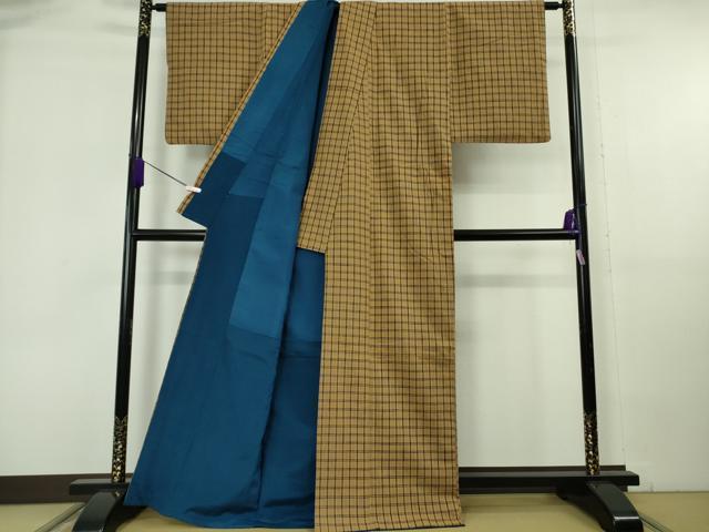 平和屋本店●極上 綿紬 格子 香染色地 綿 逸品 DZAB6972kh6