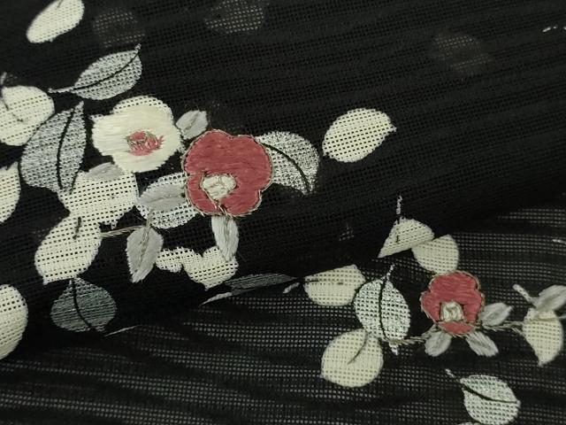 平和屋着物*極上 夏物 訪問着 絽 刺繍 椿 舞葉 黒地 逸品 DZAB6976kh6