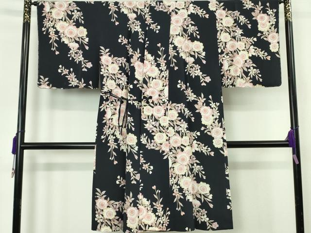 平和屋本店∞極上 道中着 ロング丈 枝垂れ桜 濃紺地 鬼しぼ縮緬 反端付き 逸品 未使用 DZAB6984kh6
