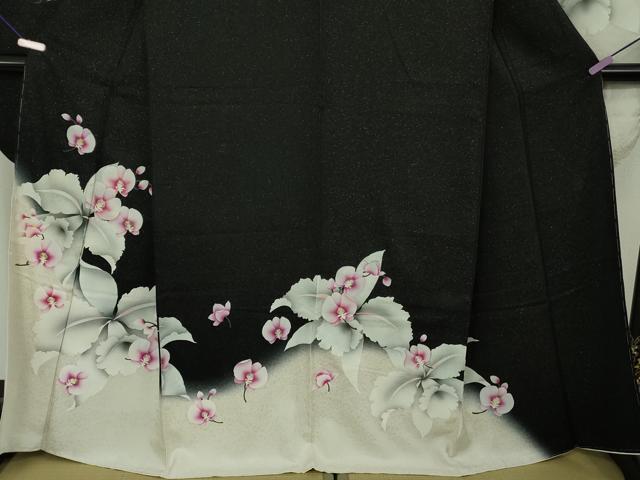 平和屋着物●極上 振袖 胡蝶蘭 暈し染め 黒地 金糸 銀通し地 逸品 未使用 DZAB6992kh6