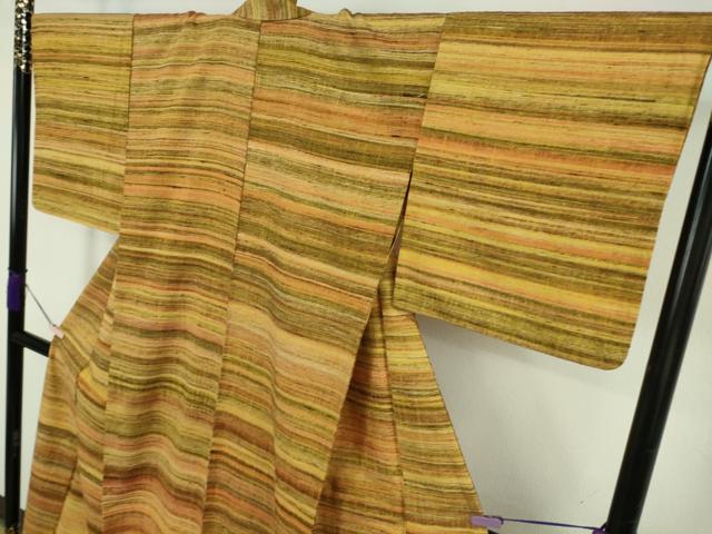 平和屋本店▽極上 郡上紬 草木染 単衣 横段文 逸品 DZAB6993kh6