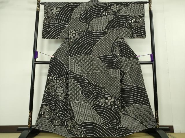 平和屋本店●極上 中国三大刺繍 スワトウ刺繍 刺し子 刺繍 訪問着 絞り 名物裂 黒地 さが美扱い 逸品 未使用 DZAB6994kh6
