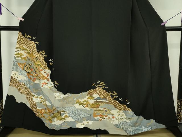 平和屋本店●極上 創業460年・千總 黒留袖 駒刺繍 御所車風景花鳥文 金彩 逸品 DZAB6995kh6