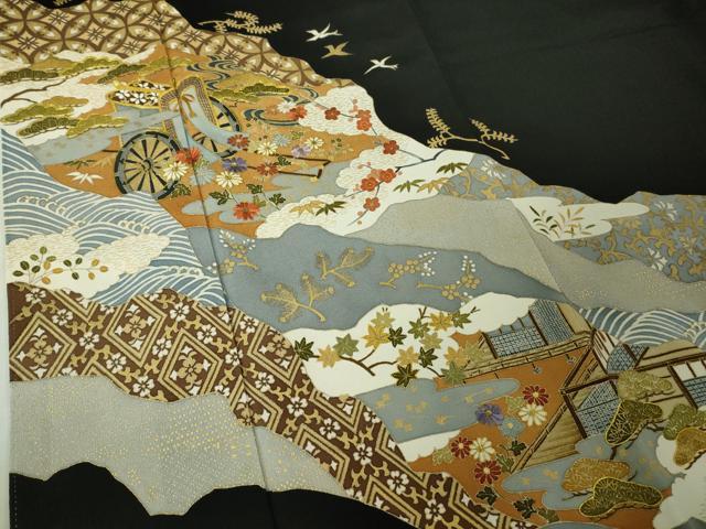 平和屋本店●極上 創業460年・千總 黒留袖 駒刺繍 御所車風景花鳥文 金彩 逸品 DZAB6995kh6