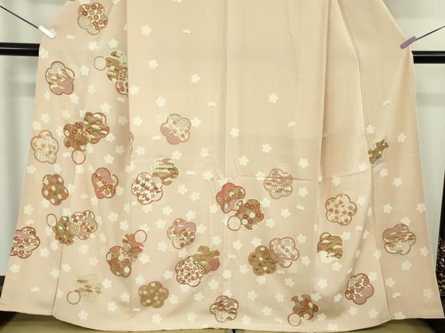 平和屋本店●極上 吉澤友禅 訪問着 駒刺繍 松竹梅 桜 橘 薄い洗柿色地 金彩 縮緬地 反端付き 逸品 未使用 DZAB7003kh6