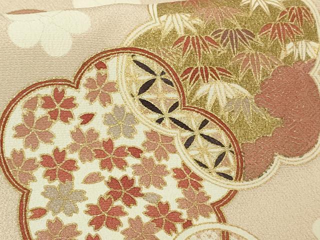 平和屋本店●極上 吉澤友禅 訪問着 駒刺繍 松竹梅 桜 橘 薄い洗柿色地 金彩 縮緬地 反端付き 逸品 未使用 DZAB7003kh6