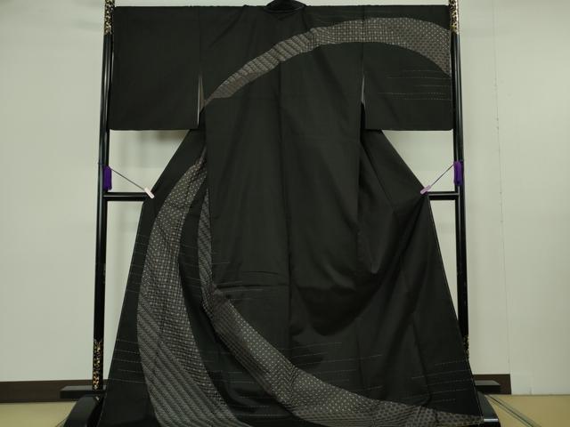 平和屋本店●極上 本場縞大島紬 訪問着 刺し子 刺繍 名物裂 黒地 ロング丈 逸品 未使用 DZAB7016kh6