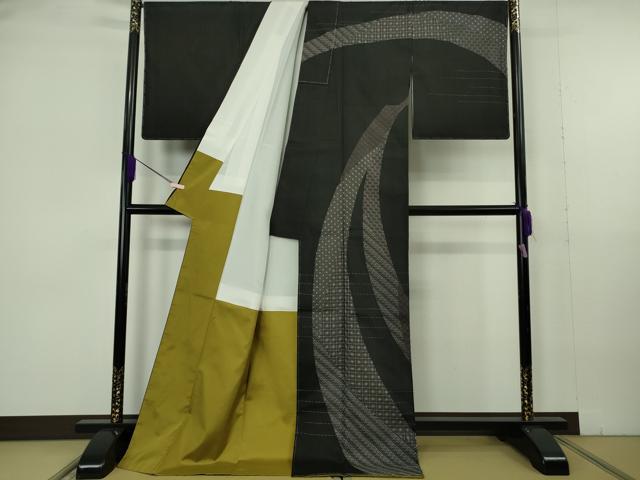 平和屋本店●極上 本場縞大島紬 訪問着 刺し子 刺繍 名物裂 黒地 ロング丈 逸品 未使用 DZAB7016kh6