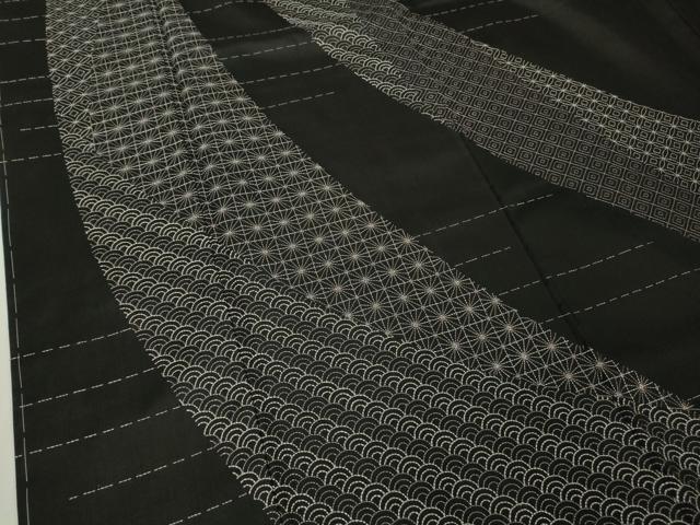 平和屋本店●極上 本場縞大島紬 訪問着 刺し子 刺繍 名物裂 黒地 ロング丈 逸品 未使用 DZAB7016kh6