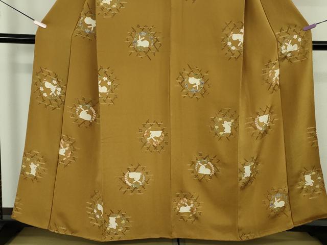 平和屋本店●極上 小紋 兎 花丸文 桑茶色地 金彩 鬼しぼ縮緬 逸品 DZAB7020kh6