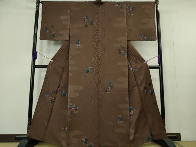 平和屋本店●極上 キモノデザイナー 斉藤上太郎 訪問着 お召地 手描き 流水梅松文 赤墨色地 銀糸 逸品 DZAB7024kh6