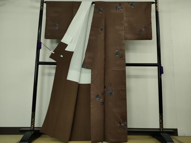 平和屋本店●極上 キモノデザイナー 斉藤上太郎 訪問着 お召地 手描き 流水梅松文 赤墨色地 銀糸 逸品 DZAB7024kh6