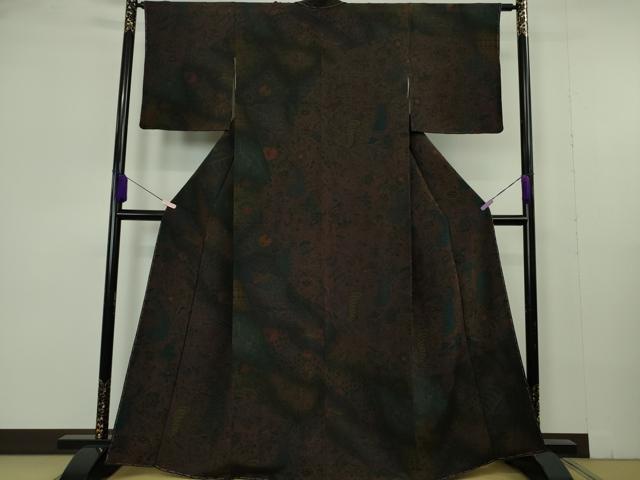 平和屋本店●極上 前田仁仙 仁仙更紗 訪問着 更紗花鳥文 黒鳶色地 鬼しぼ縮緬 反端付き 逸品 未使用 DZAB7026kh6