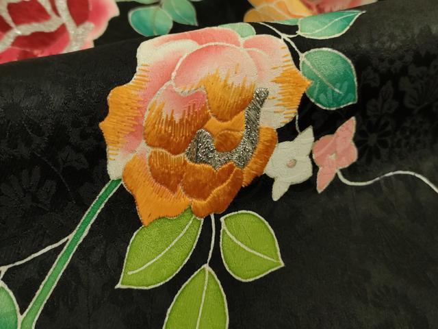 平和屋本店∞極上 野口真造 大彦二代目 江戸染繍友禅 長羽織 刺繍 薔薇 バラ 黒地 金銀糸 逸品 DZAB7028kh6