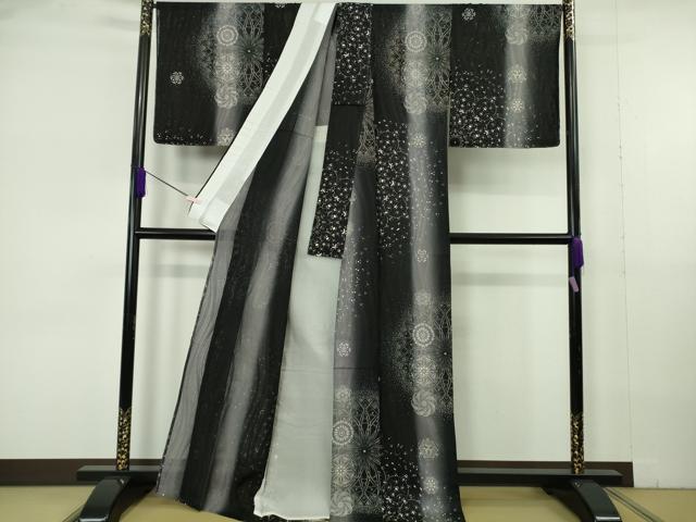 平和屋本店*極上 夏物 越後染印伝 日本産本漆 小紋 紗 みずくに織物謹製 飾花文 暈し染め 黒地 証紙付き 逸品 未使用 DZAB7032kh6